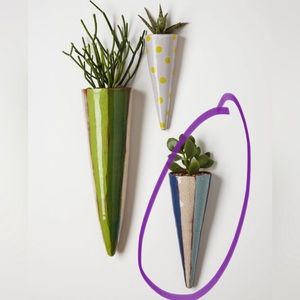 Anthropologie. Terracotta Wall Vase. Blues and white stripes.